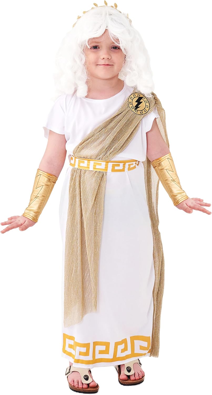 Kid Zeus Costume,Greek God Costume Kid,Ancient Greek Outfit with Headband,Wrist Cover,Halloween Grecian Costume